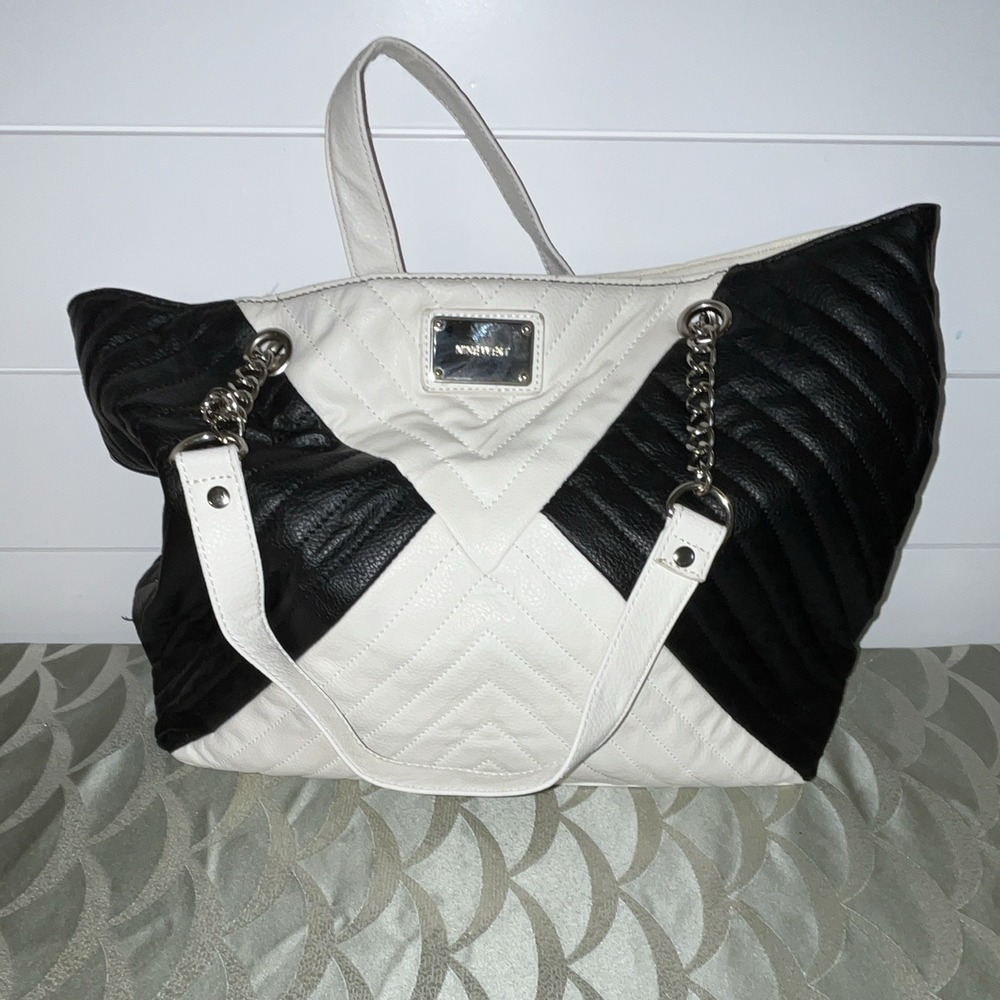 Nine West Womens Black White Quilted Inner Pockets Chain Strap Satchel Bag